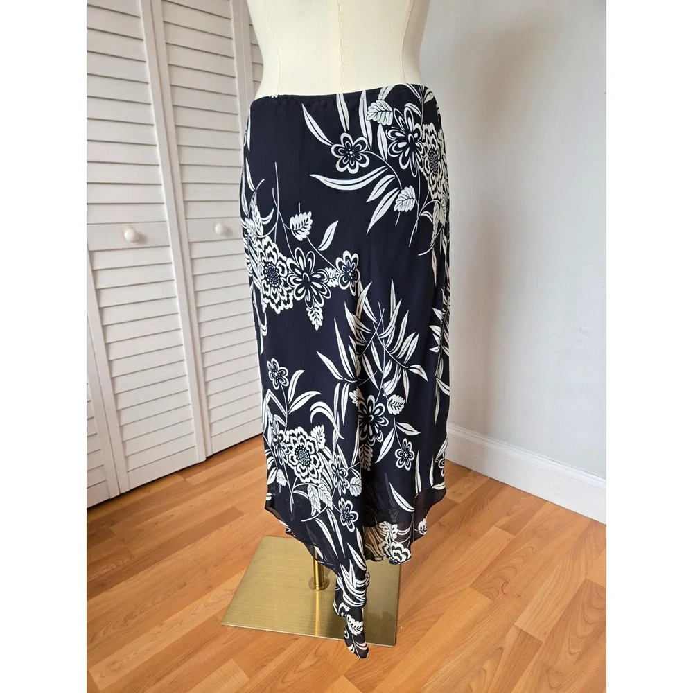 Donna Ricco Black White Floral Asymmetrical Bias Slip Midaxi Skirt 16W Y2K 90s
